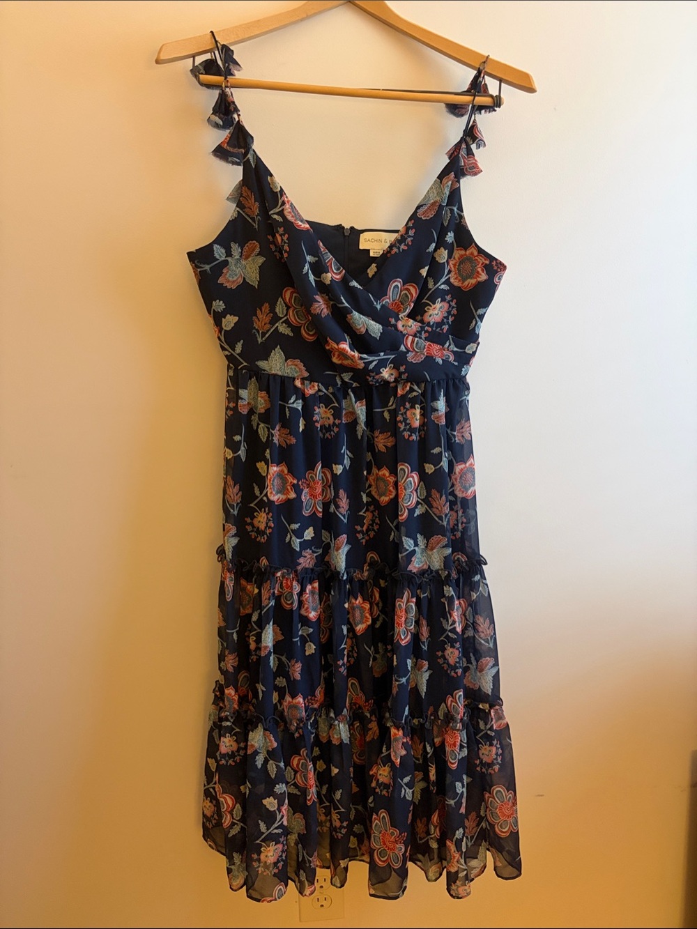 Sachin + Babi Navy Floral Tiered Midi Dress with Tie-Strap Shoulders